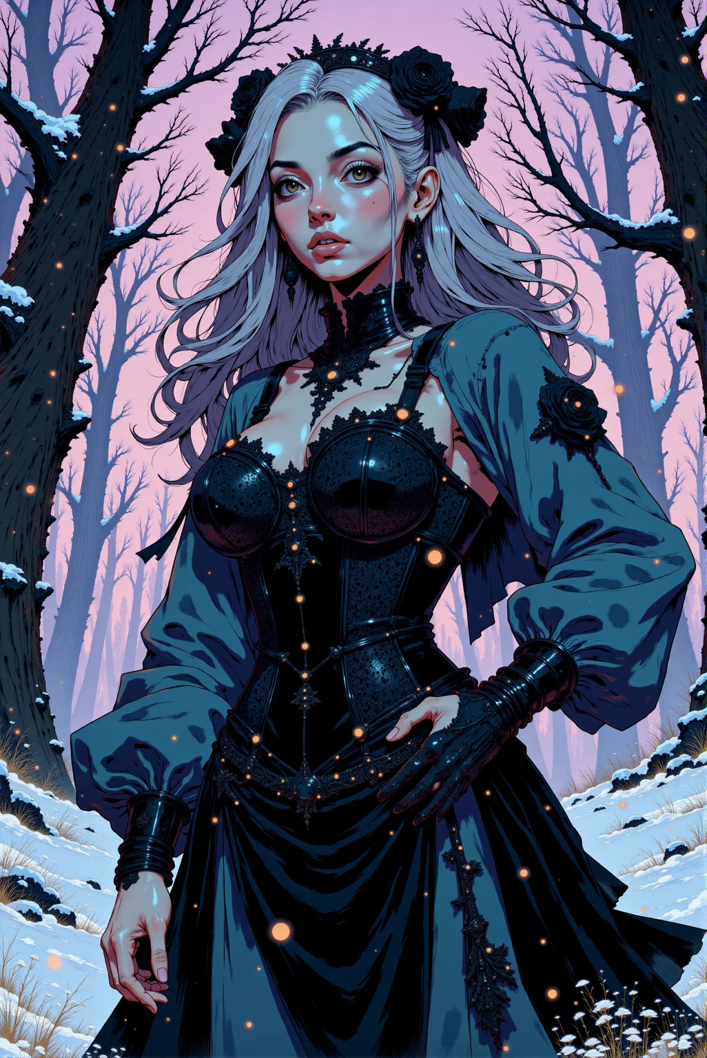 <lora:Fancha_style_v.5:0.8> Fancha style. A richly atmospheric comic style rendering comes alive with dramatic contrasts and intricate details. The woman at the center is a hauntingly beautiful figure, her presence exuding both mystique and power. Her long, flowing hair, streaked with icy silver and soft lavender tones, frames her pale, ethereal face. Sharp, expressive lines emphasize her piercing eyes, glowing faintly with a golden hue against the soft blues and purples of the snowy backdrop. A single tear-shaped mark beneath her eye, rendered in deep black, adds an emotional depth to her character. Her gown is a masterpiece of gothic elegance, drawn with intricate lacework and bold, dark textures. The corset features swirling floral patterns etched in sharp contrast, accentuating her hourglass figure. A sheer, flowing veil cascades from her head, its delicate edges adorned with lace, catching the faint glow of the snow and swirling in the wind like wisps of shadow. Layers of her flowing sleeves and fabric are rendered in deep black, punctuated with subtle highlights to create a sense of movement and depth. The background is composed of towering, mist-shrouded trees, sketched in soft purples and grays to create a dreamy, wintry atmosphere. Flurries of snow are drawn as bold, white flecks that contrast with the darker tones of her attire, adding an almost magical vibrancy to the scene. The subtle shading and muted colors of the forest recede into the distance, drawing the viewerâs focus to her striking form. The composition is heightened with bold, ink-like outlines and carefully placed highlights, evoking a dramatic gothic tale frozen in time. The interplay of shadowy details and luminous accents creates a compelling visual that feels both haunting and enchanting, perfectly suited for the gothic comic style.