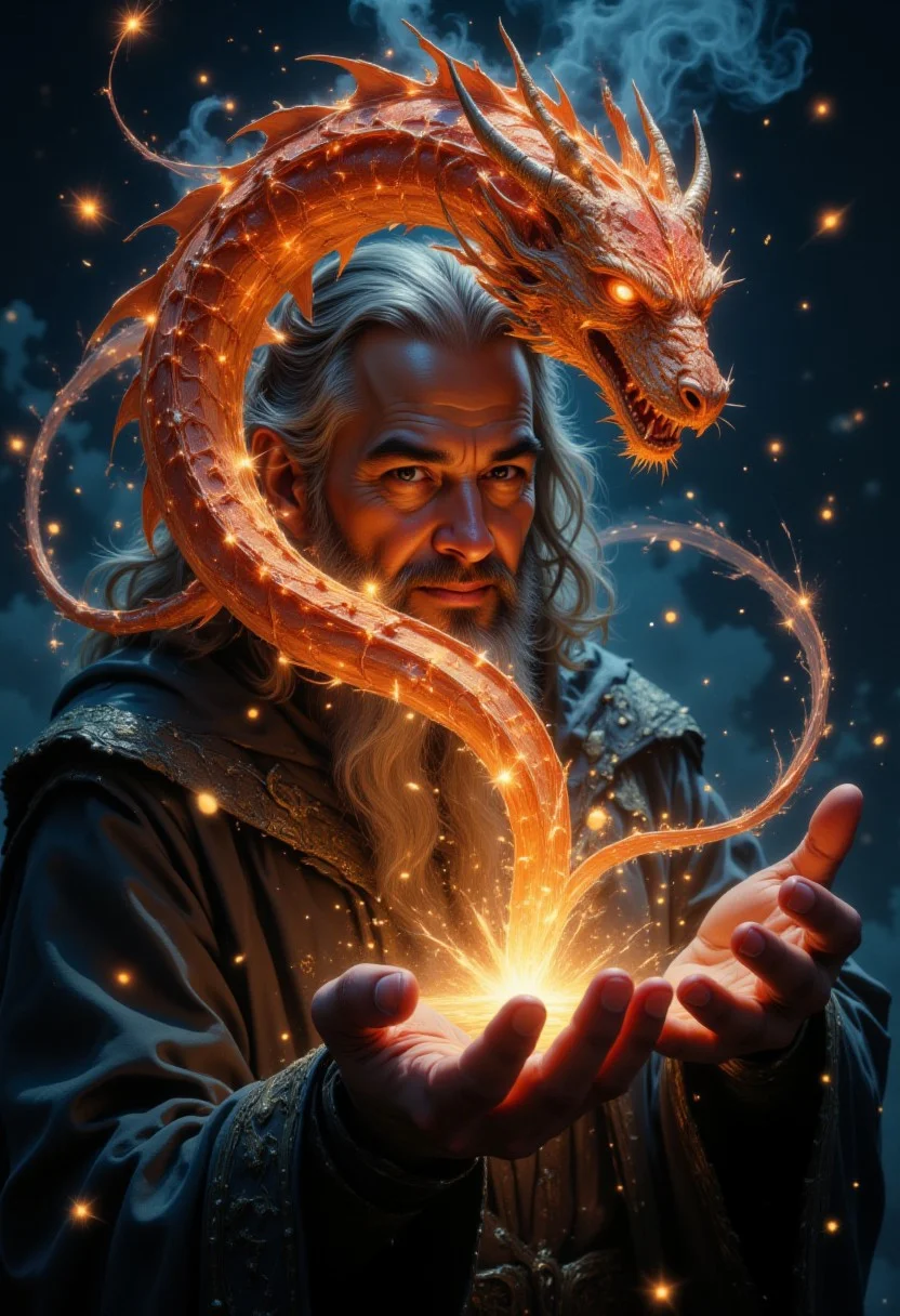 DGC style digital illustration, Magic style, 
Close-up.  portrait, A close-up, cinematic painting of Gandalf the Grey, captured from the chest up with a focused, intimate crop. He looks directly into the viewer’s eyes, a gentle hint of a smile in his gaze, exuding wisdom and warmth. His hand is raised and open, fingers slightly curled as he conjures an ethereal, fiery dragon made entirely of fireworks and smoke that hovers just above his palm. The fireworks dragon is brilliantly detailed, its form composed of vibrant, swirling fire and faint, smoky wisps. The dragon appears to be alive, its body coiling gracefully in mid-air, each scale flickering with a fiery glow that pulses in shades of deep orange, crimson, and gold. Its eyes burn intensely, and its open jaws release tiny sparks, casting a warm, shifting light that illuminates Gandalf’s face and hand. Delicate trails of smoke spiral off its wings and tail, fading into the surrounding air, giving it an ephemeral, almost ghostly quality. The background is a rich, dark blue, fading into shadow to allow the glowing dragon to stand out vividly. Soft, volumetric lighting surrounds Gandalf’s hand and the dragon, creating a sense of depth and atmosphere as light reflects off particles of magic dust floating in the air. The dragon’s smoke and fire blend seamlessly, with the tail and wings leaving shimmering trails that drift away like the remnants of a sparkler, adding movement and a sense of awe to the scene.
