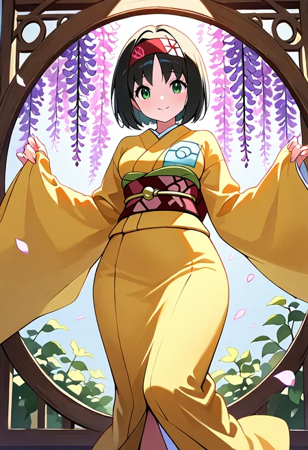 masterpiece, best quality,  curvy, beautiful eyes, narrow waist, wide hips, smile, looking at viewer, dynamic angle, foreshortening, close up,     zzErika, erika (pokemon), green eyes, short hair, black hair, red hairband,    <lora:ErikaPokemon_IXL:1.0>  [Wisteria Mask Performer], flowing kimono with cascading lavender blossoms, wooden sandals with bark straps, obi belt with butterfly brooch, long sleeves embroidered with falling petals, ivy mask covering upper face, stage framed by flowering vines, soft breeze, poised dance, veiled smile,