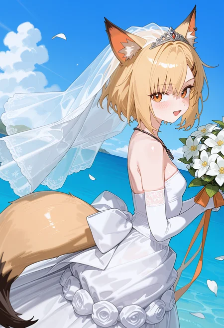 kmj-ovo,kbouquet, 1girl, holding bouquet, solo, fox ears, tail, dress, animal ears, fox tail, flower, holding, wedding dress, looking at viewer, white dress, orange eyes, fox girl, hairclip, necklace, hair ornament, smile, elbow gloves, outdoors, jewelry, bare shoulders, gloves, blonde hair, white gloves, short hair, white flower, open mouth, tiara, animal ear fluff, petals, veil, day, strapless, :d, ocean, bridal veil, sky, strapless dress, blue sky, blush, from side, vermeil \(arknights\),masterpiece,best quality,newest,absurdres,highres,very awa