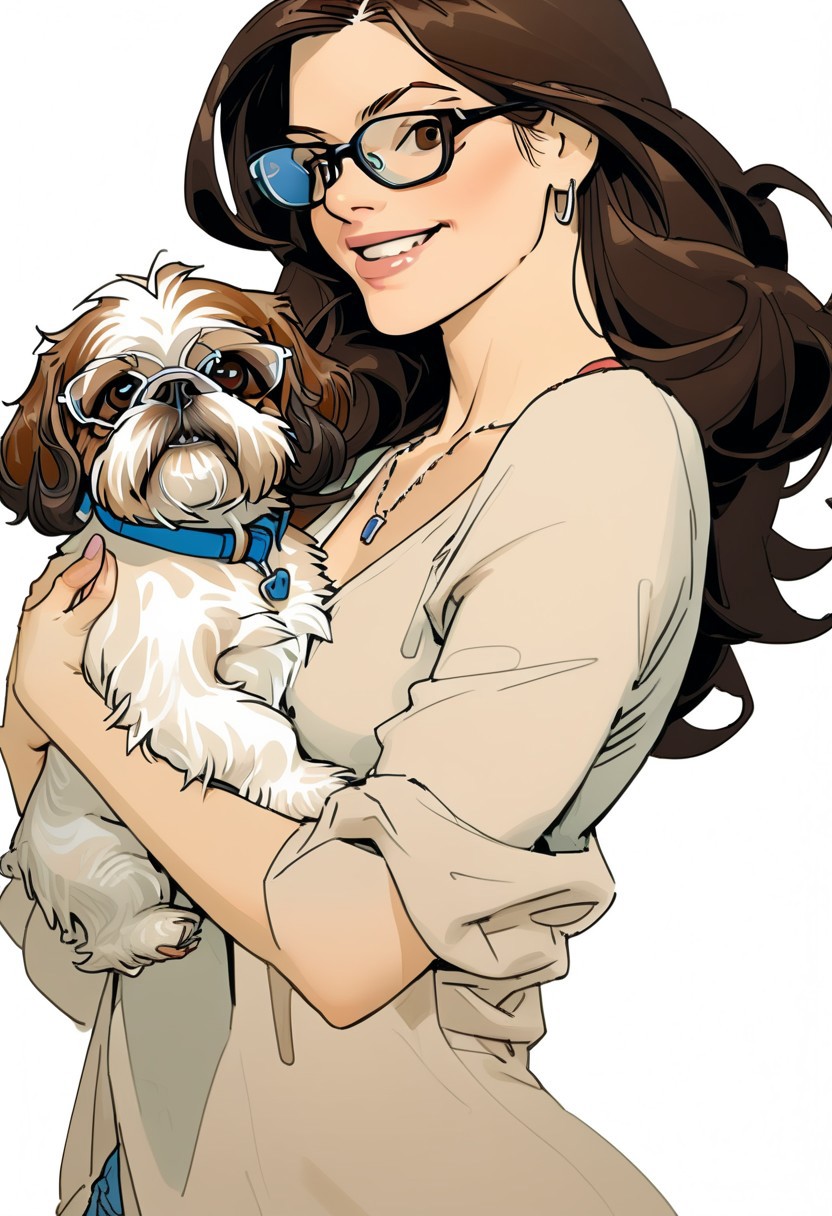 NijiEX style illustration. Close up of a girl holding a shih tzu in her arms, glasses. Long flowing brown hair, brown eyes.Style by Masamune Shirow.