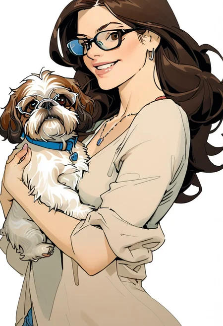 NijiEX style illustration. Close up of a girl holding a shih tzu in her arms, glasses. Long flowing brown hair, brown eyes.Style by Masamune Shirow.