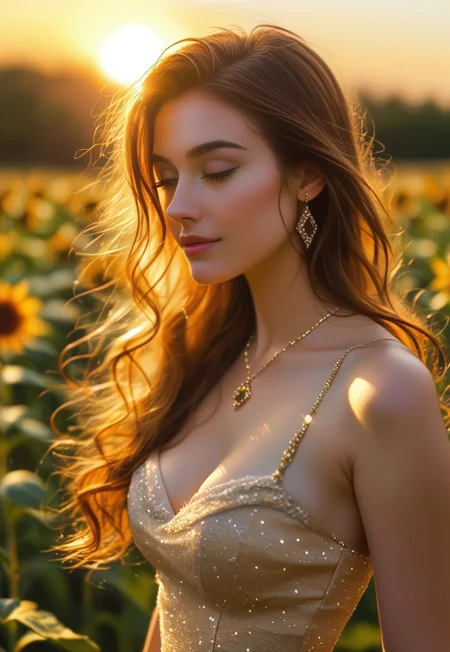 A radiant sun spirit with long, flowing hair the color of golden sunlight, adorned with tiny, glowing embers, cascading down her back. Her skin is a warm, luminous gold, glowing with the vitality of the sun. Her eyes are a mesmerizing amber, filled with the energy of the sun and the wisdom of the sky. Delicate, arched eyebrows frame her radiant gaze. Her nose is small and elegant, with a slight upturned tip. Her lips are full and vibrant, the color of a summer sunset, slightly parted as if whispering secrets of the sun. Her slender shoulders are bare, revealing smooth, sun-kissed skin that shimmers in the sunlight. Her chest is adorned with a necklace of polished sunstones, highlighting her natural beauty. Her abdomen is lean and graceful, leading to a slender waist. Her lower body is draped in a flowing, solar gown made of light and warmth, swaying gently with the breeze, revealing her lithe figure. She stands in a sunlit meadow, surrounded by blooming sunflowers and the soft sounds of nature, the air filled with the scent of fresh grass and wildflowers. Sunlight casts a golden glow on her radiant features. Her eyes are open, gazing at the meadow with a sense of joy and harmony. A radiant sun spirit in a sunlit meadow.
(sun spirit, upper body, fully clothed)
<lora:add-detail-xl:1>