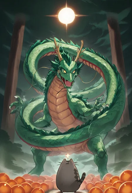 masterpiece, best quality, amazing quality, no humans, Pusheen, ((Pusheen standing next to 7 orange balls that have stars on them)), summoning, shenron, extremely long green dragon shenron, bosstyle