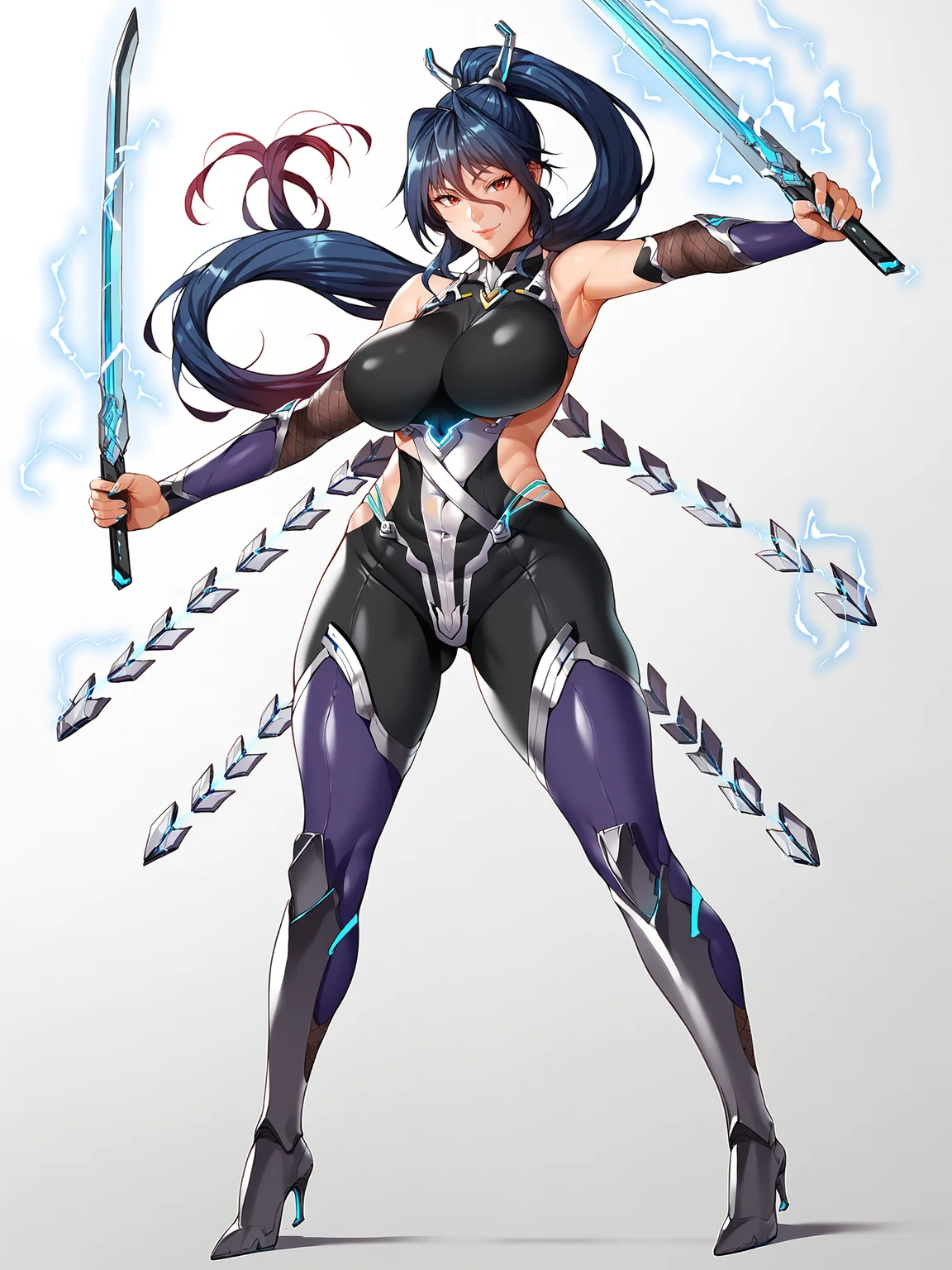score_9, score_8_up, score_7_up, score_6_up, score_5_up, source_anime, BREAK
Uehara Rin is holding sword in battle pose, dual wielding, dynamic pose, glowing, electricity,
1girl, mature female, full body, solo,
looking at viewer, confident, smile,
blue hair, long hair, hair between eyes, gradient hair, high ponytail, hair metal tie, red eyes,
black bodysuit, taimanin leotard, detached sleeves, fishnets, purple thighhighs, high heel boots, mechanical tails,
curvy, large breasts, thighs,
white background,
<lora:UeharaRin3216XL:1>