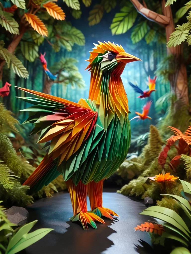 ral-orgmi, a colorful origami paper bird is standing in a jungle <lora:ral-orgmi-sdxl:1>