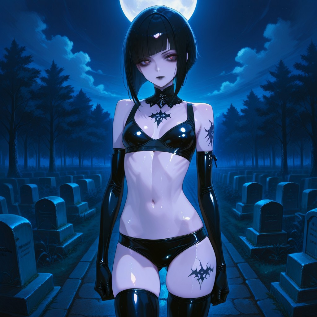 absurdres, masterpiece, best quality, very aesthetic, HDR, 8K, ultra-detailed, anime, 748cmstyle, cemetery, outdoor, night, moon, front view, above chest,
1girl, SadisTrix, solo, inverted bob hair, black hair, pale skin, skinny, arm tattoo, makeup, black lips, small breasts, gothic, latex legwear, shiny clothes, elbow gloves, latex, tight bra, skindentation, shiny skin, dominant female, (skinny),),