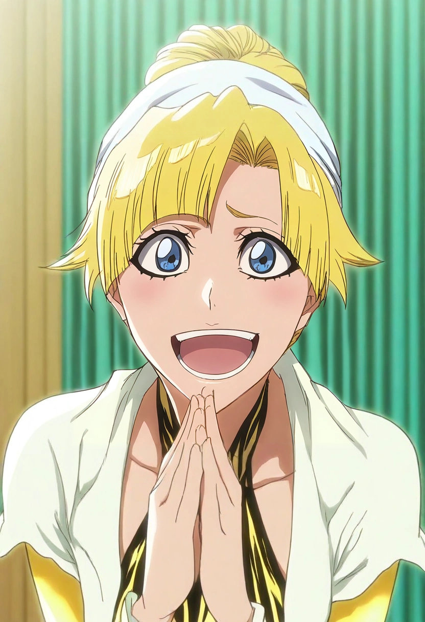 masterpiece, best quality, , , looking at viewer, , 1girl, light blue eyes, yellow hair, updo hairstyle, , Velvet Culotte pantsuit, Halterneck blouse, , Headscarf,, solo, upper body, treetops city, indoors, own hands together, laughing, <lora:bleach_tybw_style_ilxl:0.96>, bleach_tybw_style,