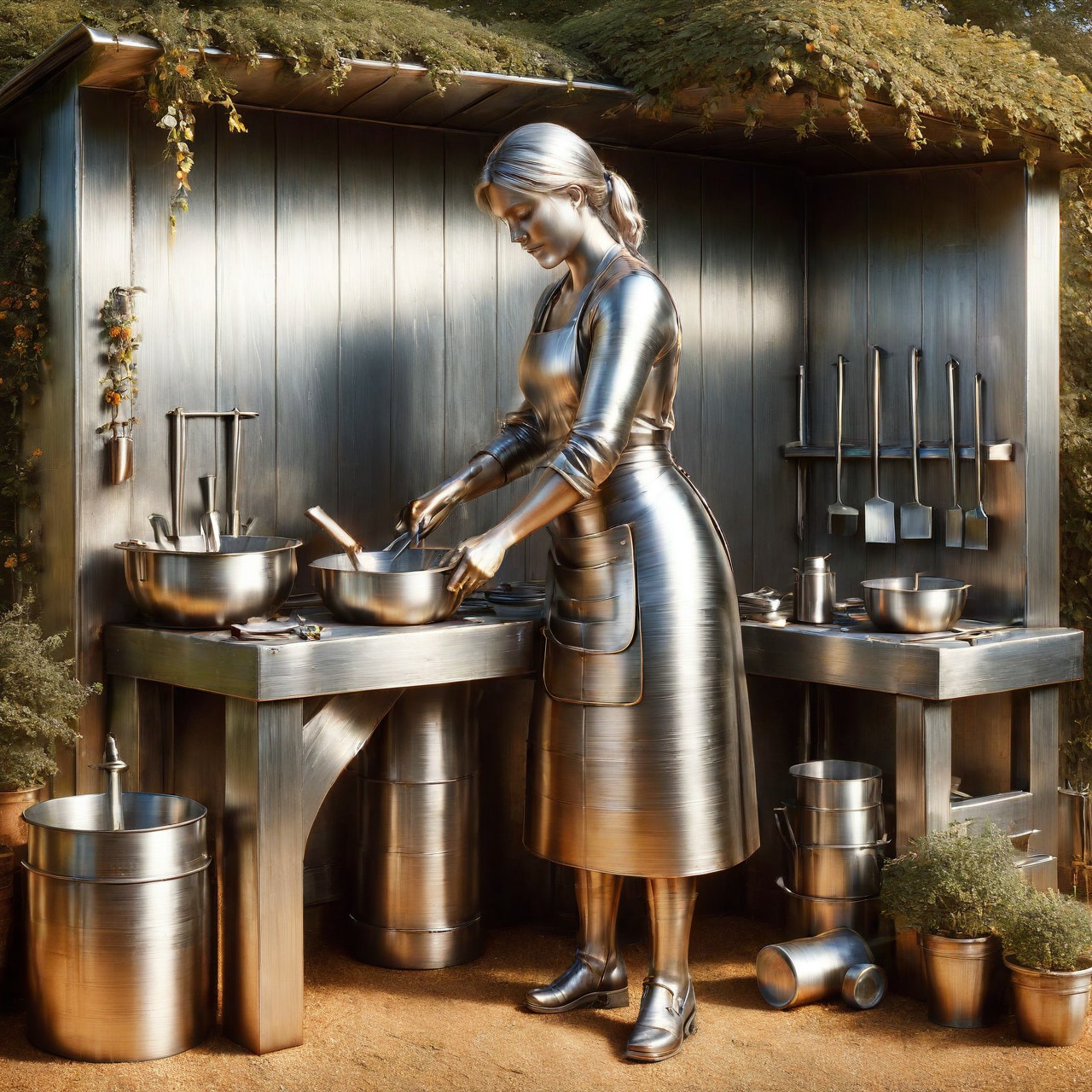 ais-steelz coloured sharp cs-m3tal-ok_v03-1600 professional  photograph of Dutch female blacksmith, made of anodised aluminum, in a garden <lora:Brushed_Steel_Style_SDXL:1 >
