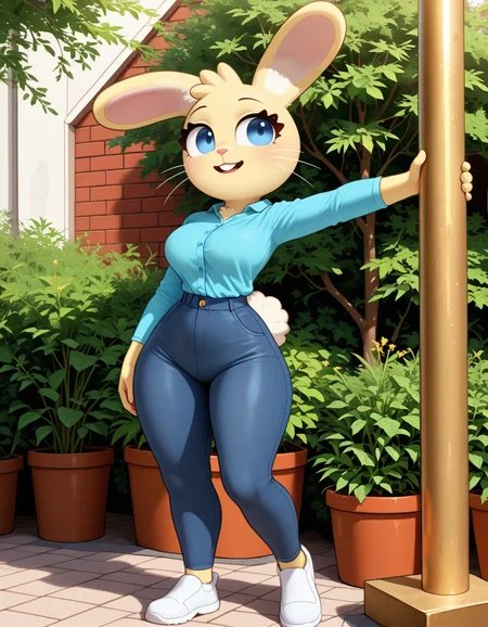 masterpiece, best quality, very aesthetic, absurdres,
outdoors,
full body, standing, posing,
casual, 
seductive smile, parted lips, long eyelashes,
<lora:Amy_Hope_v02_NAIXL:1>
Am1H0pe,1girl,solo,furry,furry female, shortstack, wide hips, rabbit girl, rabbit ears, blue eyes, animal nose, whiskers, buck teeth, black chocker, body fur, yellow fur, rabbit tail,