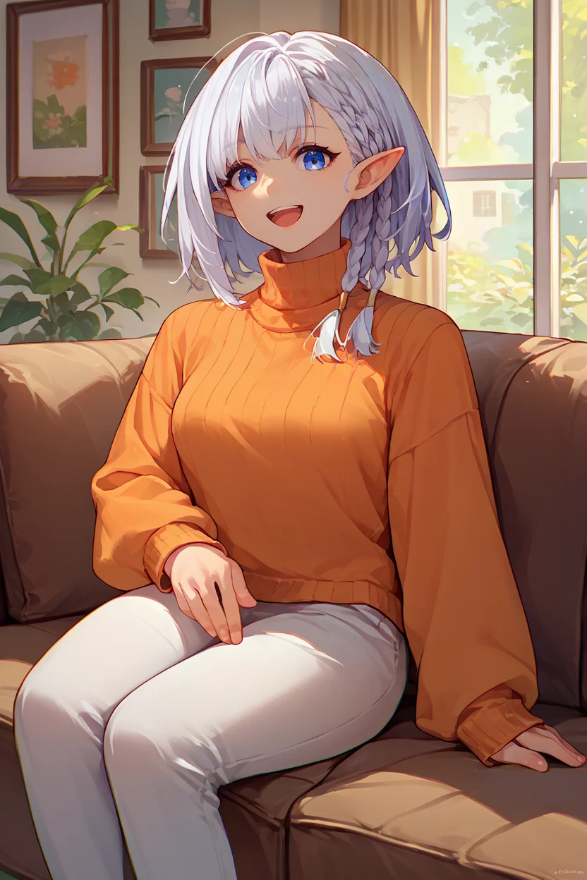 score_9, score_8_up, score_7_up, score_6_up, source_anime, 1girl, solo <lora:beta-pdxl-nvwls-v1-000005:1> beta, white hair, braid, pointy ears, orange sweater, turtleneck, breasts, white pants, happy, looking at you, open mouth, living room, couch, sitting