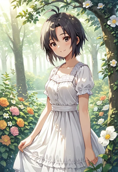 score_9, score_8_up, score_7_up, source_anime, kikuchi makoto, short hair, black hair, antenna hair, black eyes, 1girl, dress, solo, flower, white dress, outdoors, tree, smile, blush, short sleeves, looking at viewer, sunlight