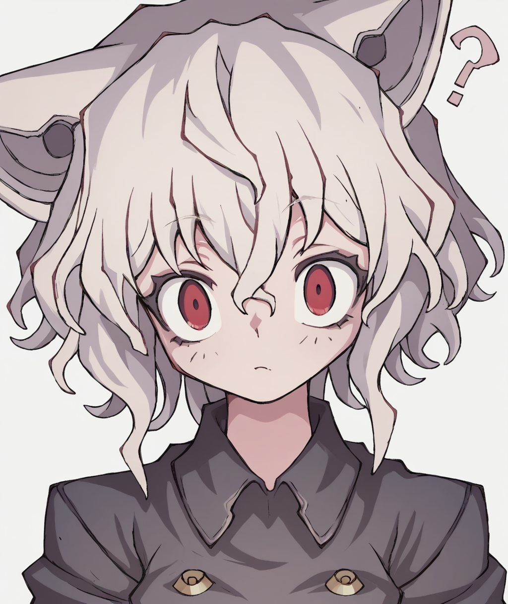 score_9, score_8_up. score_7_up,<lora:michael_jadeite:1>,michael_jadeite,
 neferpitou , score_9, michael_jadeite, animal ears, ?, red eyes, simple background, 1other, white background, 1girl, looking at viewer, black shirt, closed mouth, hair between eyes, upper body, short hair, collared shirt