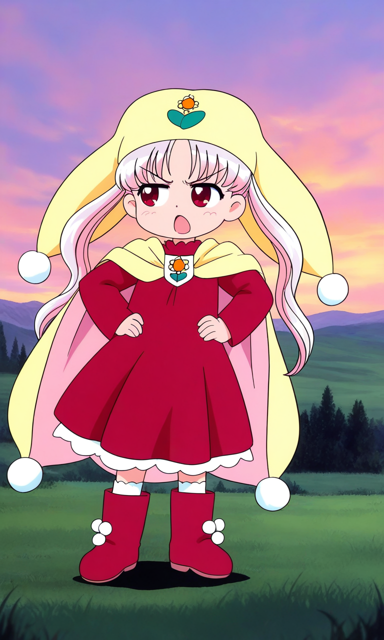 general,highres, ultra-detailed,very aesthetic,best quality ,best hands, BREAK <lora:Princess_Silver_Crayon_Oukoku_Ver2.0_IS:0.9>
Silver_Oujo(Crayon_Oukoku), 1girl, solo, long hair, white hair, pink hair, red eyes,
yellow headwear, twintails, parted bangs,
red dress, boots, pom pom (clothes),
sulking,
full body, open mouth, red dress, 
long sleeves, red footwear, hands on own hip,
hair bun, standing,
grass, sky, fantasy,