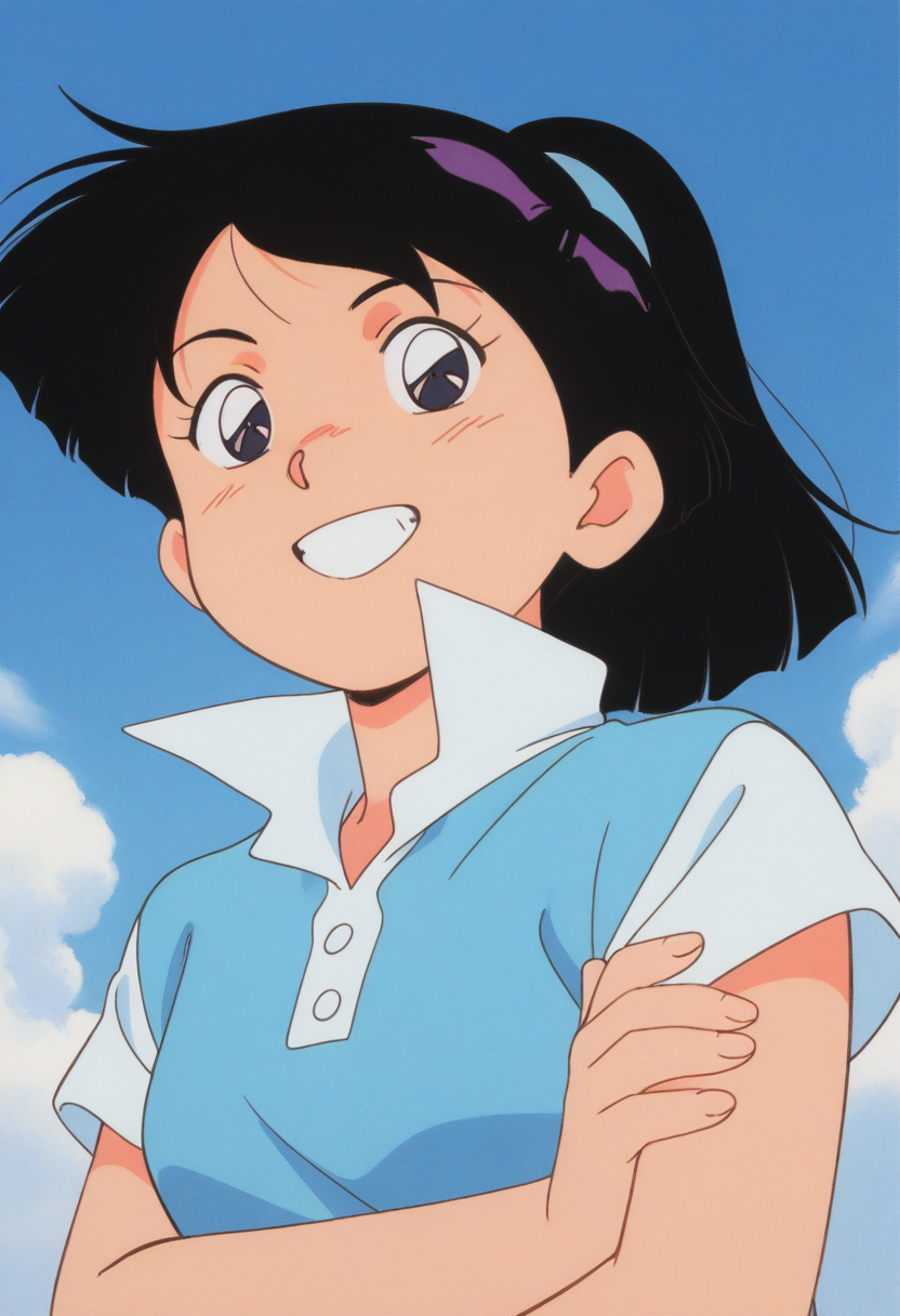 masterpiece, best quality, source_anime,official art,perfect_anatomy,1990s_\(style\),retro_artstyle,1girl,Maria Shiratori,black_eyes,black_hair,ponytail,collared_shirt,looking_at_viewer,grin,upper body,day,blue_sky,cloud