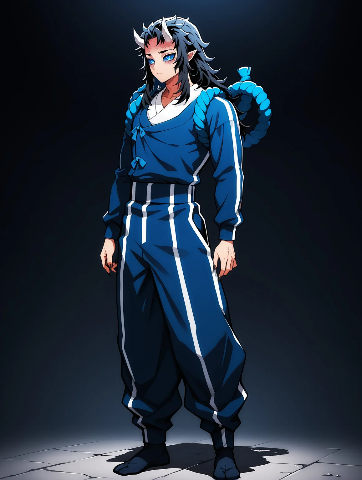 masterpiece, very aesthetic, best quality, solo, amazing quality, full body, standing ,expressionless,  imtdaizetsuh, 1boy, male, fit body, horns, pointy ears, blue eyes, long hair, black hair, long sleeves, blue rope, colored sclera, pants, demon boy, track suit, blue sclera, oni horns, scar, blue pants, jacket, black nails, sharp fingernails