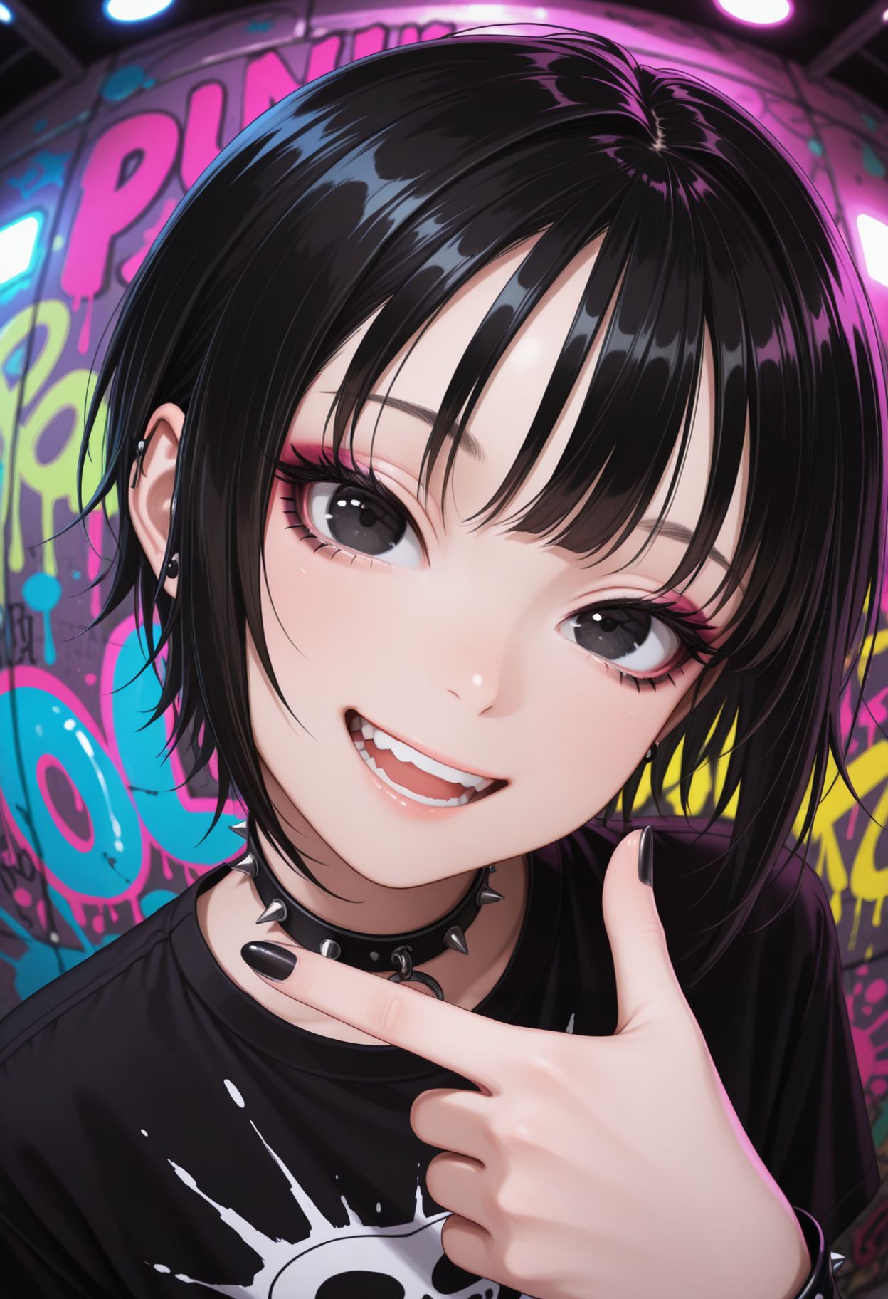 masterpiece,best quality,absurdres,highres,very aesthetic,high quality,detailed,insanely detailed,beautiful,perfect lighting, ,depth of field,blurry background,bokeh, looking at viewer,
,  <lora:Rindou llu:1> 1girl, black hair, short hair, black eyes, ((punk outfit,)), smile, goth eyeliner, full teeth, black nails, abstract background, abstract, colorful, paint splatter,fisheye, graffiti, head up, head tilt, finger frame,