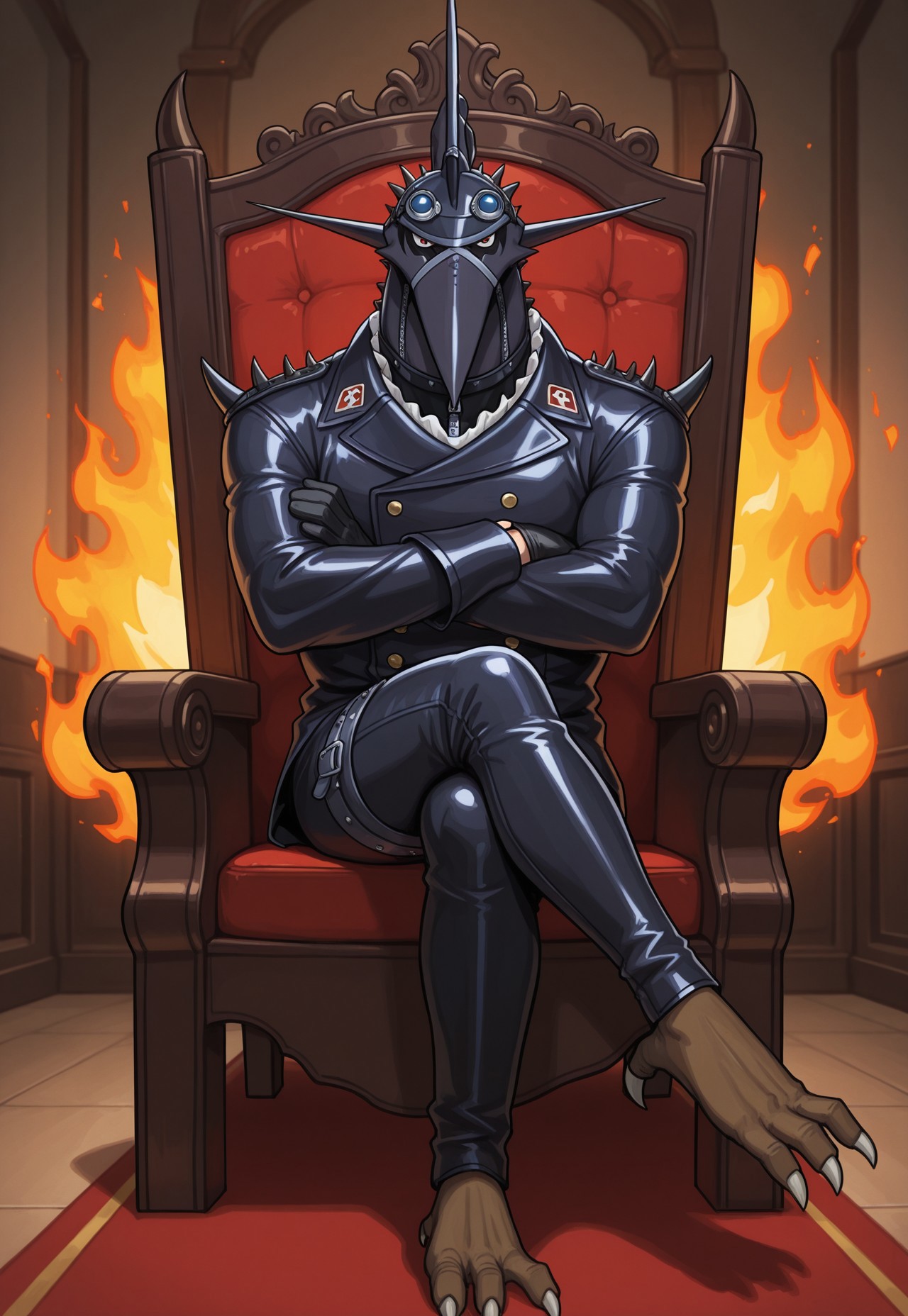 PteranKing, 2d, 1boy, solo, (anthro), creature, reptile, scalie, male, manly, black gloves, no wings, pterosaur, pteranodon, red eyes, black leather uniform, black leather pants, black neck, beak, zipper, black bands, black spikes, black horns, blue-lensed goggles, buttons, brown feet, white toe claws, white ruffles, zipper, fire on back, head crest, 

BREAK inside, Indoors, arms crossed, looking at viewer, sitting on throne, legs crossed, serious

BREAK best quality, amazing quality, very aesthetic, absurdres, newest, masterpiece, high quality
