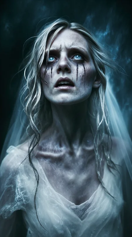 zavy-ghst, translucent figure, ethereal ghost,
An extreme close-up portrait of a ghostly young bride, her pale, ethereal face bathed in an eerie, soft light. She tilts her head upward, her glowing blue eyes filled with sorrow, as thick, black tears stream down her cheeks, leaving dark, inky trails against her ashen, almost translucent skin. Her expression is one of utter despair, her slightly parted lips trembling as if caught in a silent wail of grief.
Her delicate wedding veil, tattered and frayed with age, drapes over her hair and shoulders, blending into the misty, blurred background. Wisps of her disheveled, silvery-white hair escape from beneath the fabric, moving slightly as if stirred by an invisible wind. The lighting is moody and cinematic, with a faint glow illuminating her features, creating a stark contrast between her haunting beauty and the dark tears of sorrow.
The background is intentionally obscured, fading into a ghostly haze of cold blues, grays, and deep shadows, reinforcing the supernatural and tragic atmosphere. The overall composition is intimate and unsettling, drawing the viewer into the raw, heartbreaking pain of this ethereal, weeping phantom bride.