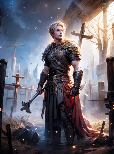 1man, Baldr, son of Odin and Frigga, is a god in Norse mythology associated with light, wisdom, and courage. He is best known for his dramatic death, which heralds the coming of RagnarÃ¶k.
<lora:add_detail:1>  <lora:åV5:0.8> <lora:Gloss_Tweaker_V2:1> <lora:å¹»å:0.8> <lora:muscle_slider_v1:1> <lora:Wasteland:1> Wasteland
