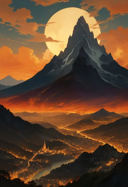 the rising of the devils god,
a dark shadow rises behind the mountainscape at sunset,
Inspired by the opulent,
golden hues of Gustav Klimt's arcylic masterpieces and the whimsical,
fantastical worlds of Studio Ghibli's animated classics,