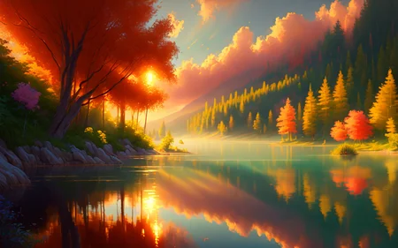 digital painting of a heavenly lake, bright warm lighting, soft focus, cozy, volumetric lighting, vivid colors