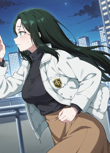 unholy-aesthetic, masterpiece, best quality, amazing quality, absurdres,
na0n_yun0,1girl, solo, dark green hair, long hair, green eyes, large breasts,
White jacket, open jacket, black sweater, turtleneck sweater, brown skirt
Running, fearful, sweating, small pupils, city, urban are, night time, moonlight, from side, profile