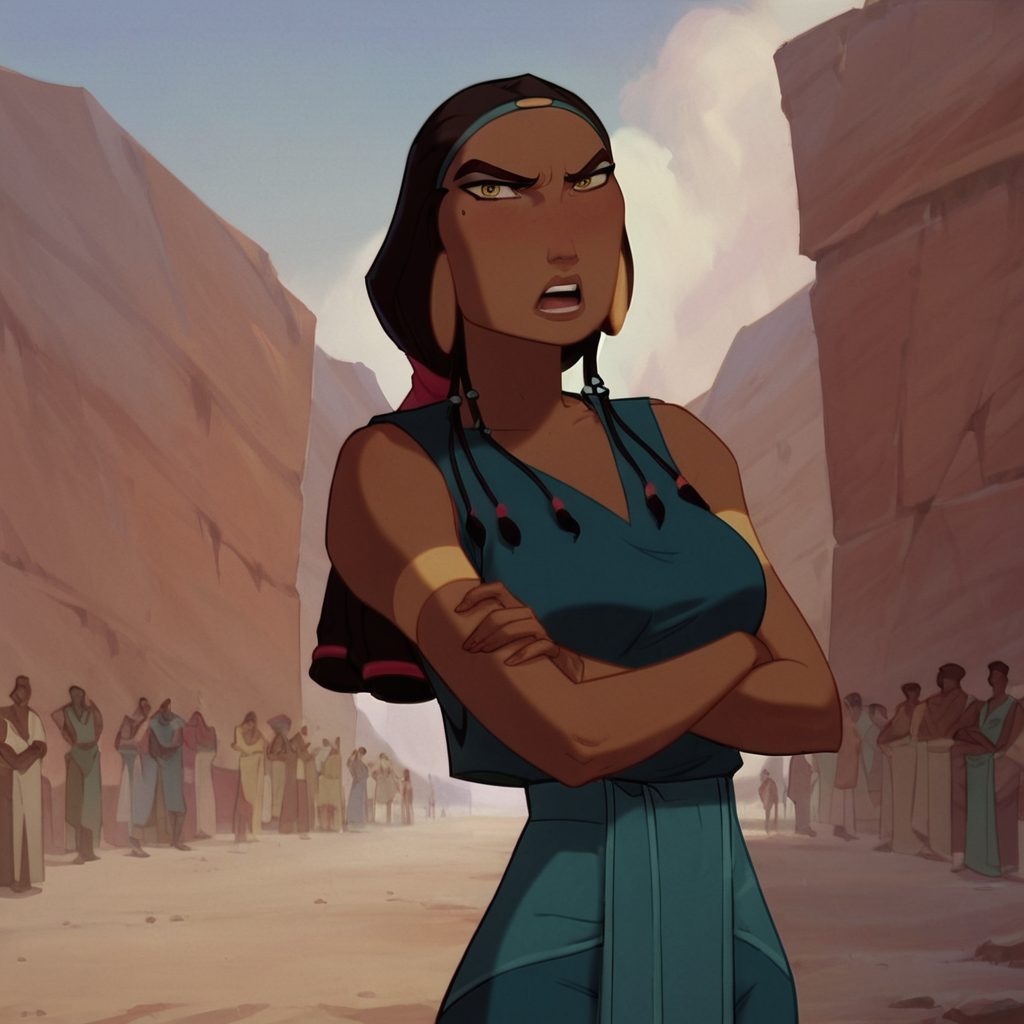 score_9, score_8_up, score_7_up, 1girl, Tzipporah, dark skin, black hair, yellow eyes, medium breasts, narrow waist, wide hips, looking at viewer, crossed arms, angry, highres, high quality, masterpiece, <lora:Tzipporah:1>