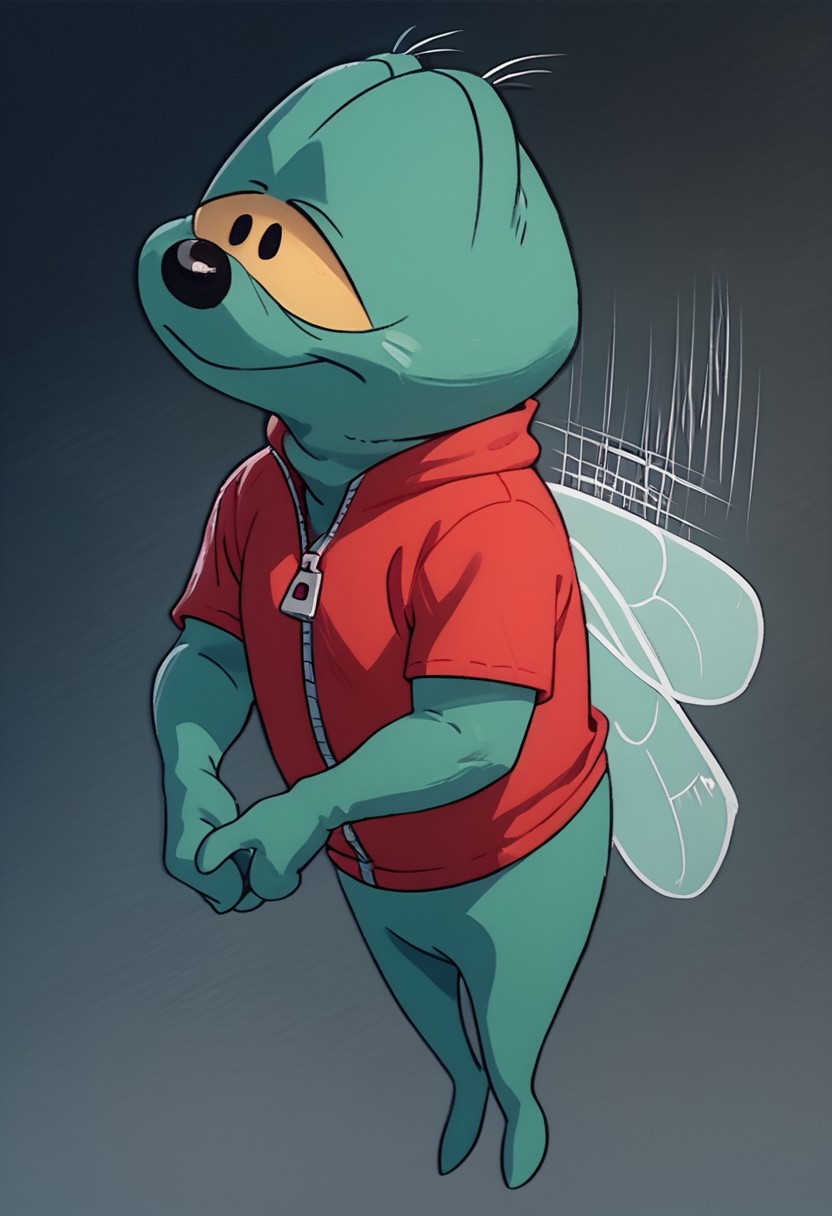 score_9, score_8_up, score_7_up, highly detailed, Zipper fly, male insect, wings, red shirt, fly wings