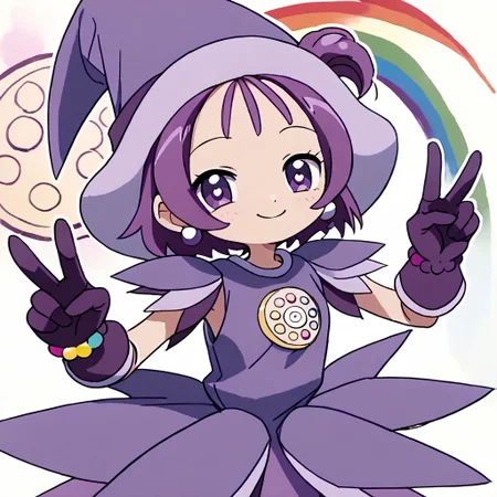 score_9, score_8_up, score_7_up BREAK Onpu2, 1girl, purple hair, bob cut, ponytail, purple eyes, purple pearl earrings, purple witch hat, dark purple hat band, layered short-sleeve purple dress, rainbow pearl circle chest badge, purple white gloves, purple white boots, rainbow pearl bracelet, smiling, cowboy shot, hands peace sign,