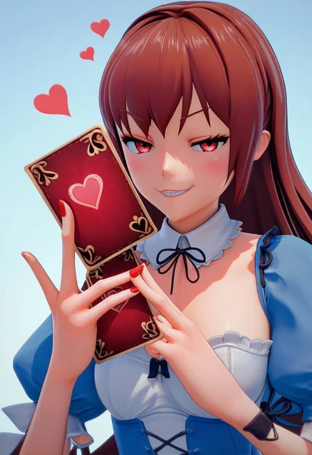 score_9, score_8_up, score_7_up, 1girl, alice in wonderland style, blue dress, detached collar, Queen of Hearts, holding card, smug grin, 3d \(artwork\), Ami Arakawa