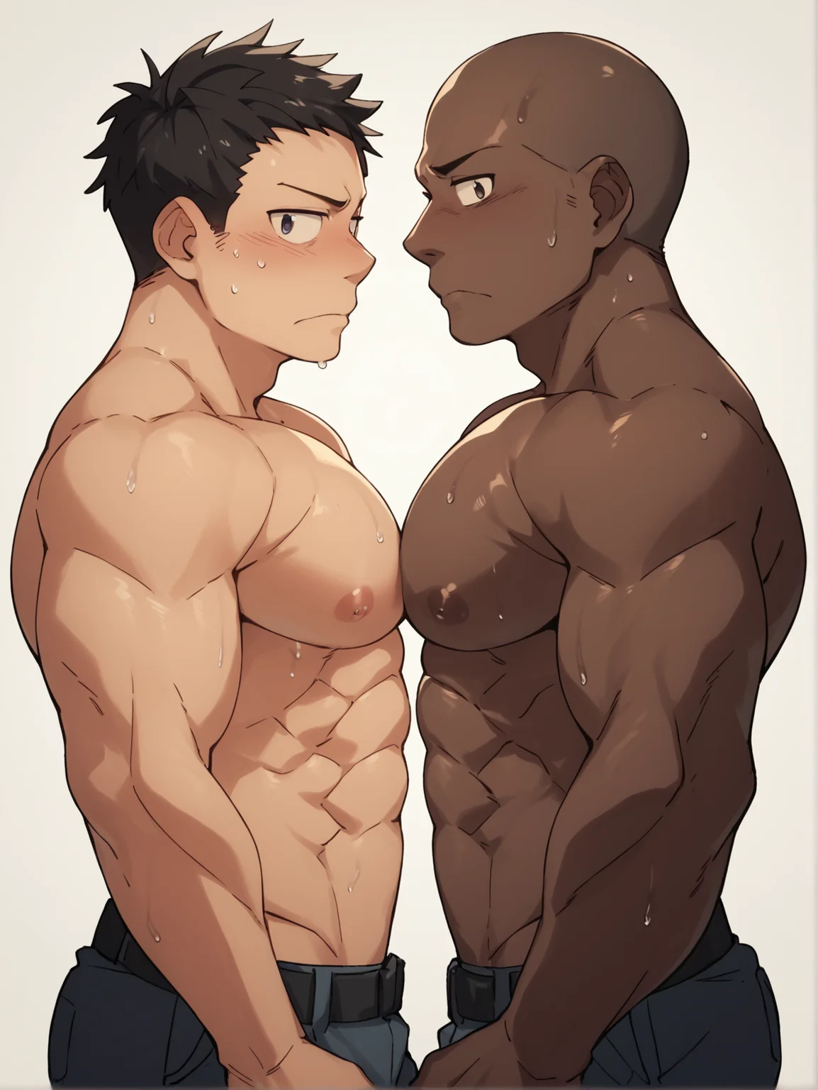 2boys, side view, topless,pectoral docking, touching pectorals, embarrassed, large pectorals, looking at you, sweat, big pecs, score_9, score_8_up, score_7_up, score_6_up, score_5_up, interracial<lora:woolsf01rw:1>