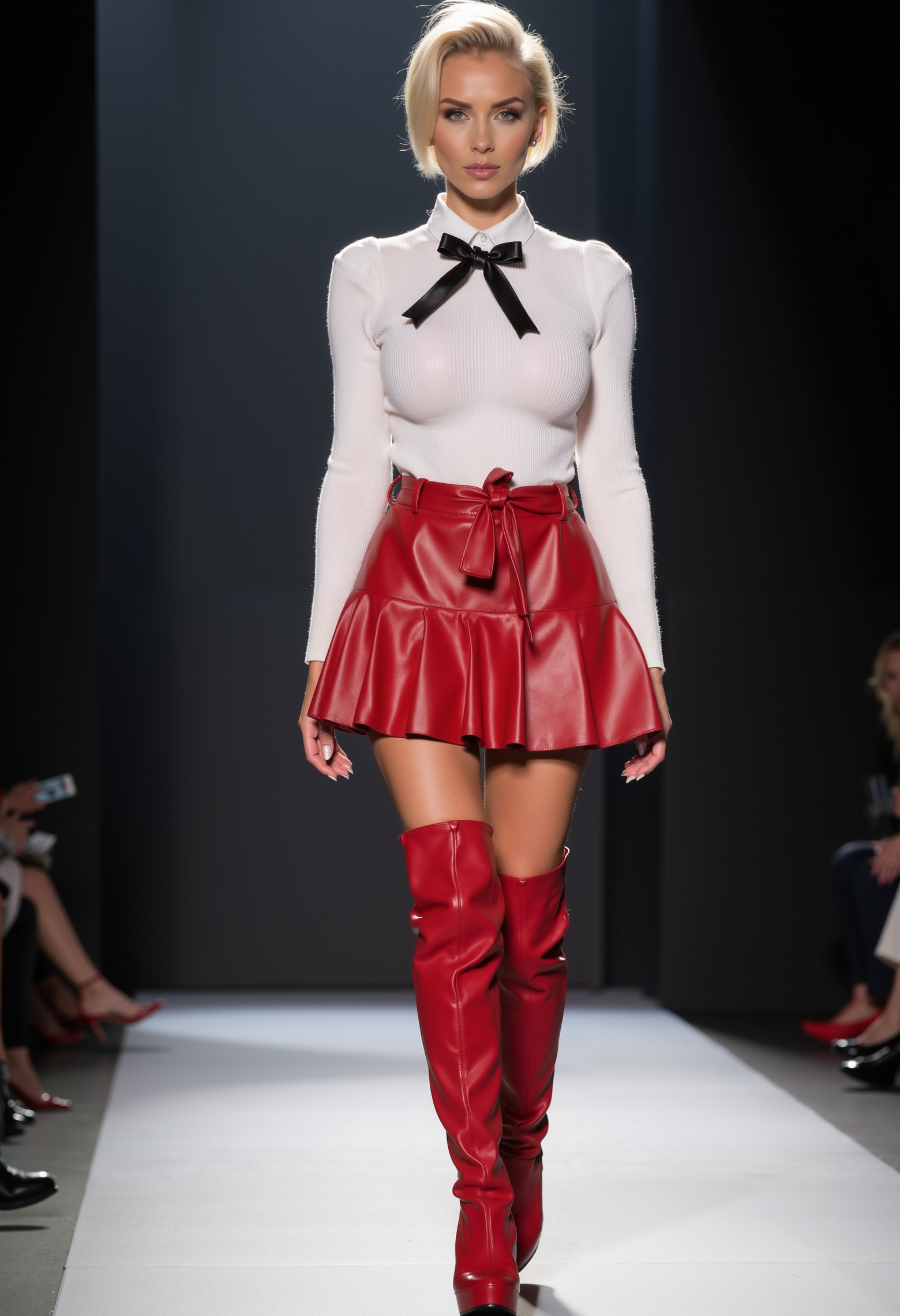 full body shot, beautiful woman, short punkstyle hair, clo024, wearing a white ribbed sweater with a black bow detail, tiered red faux leather mini skirt and knee-high red boots, walking on a catwalk, spotlight at her