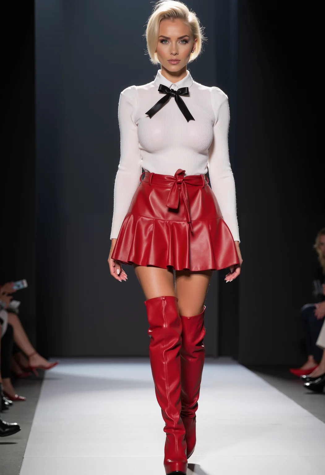 full body shot, beautiful woman, short punkstyle hair, clo024, wearing a white ribbed sweater with a black bow detail, tiered red faux leather mini skirt and knee-high red boots, walking on a catwalk, spotlight at her