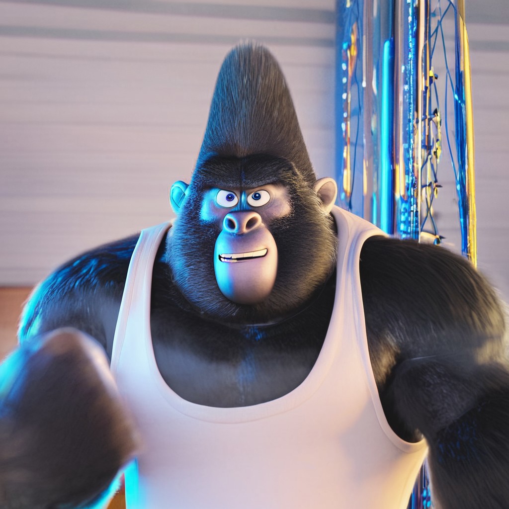"Big Daddy from the movie Sing, in prison cell, 3D style, expressive face, Pixar/Illumination animation quality" white tank top, big daddy, gorilla, furry male, male, colored skin, fangs, blue eyes, anthro, muscular, wide shoulders, teeth, grin, tired, gorilla, 4k, masterpiece, huge body, furry, male, 3D, cgi, "Big Daddy from the movie Sing, in prison cell, 3D style, expressive face, Pixar/Illumination animation quality", big daddy, gorilla, furry male, male, colored skin, fangs, blue eyes, anthro, muscular, wide shoulders, teeth, grin, tired, gorilla, broad shoulders, bara, dynamic angle, foreskin, looking at viewer, 4k, masterpiece, huge body, s, best quality, official screenshot, 4K, asburd res, masterpiece, perfect, movie accurate, zy_animation, CGI scene, punching bag, punching, black pants, wide top, hulking, huge body, muscular,