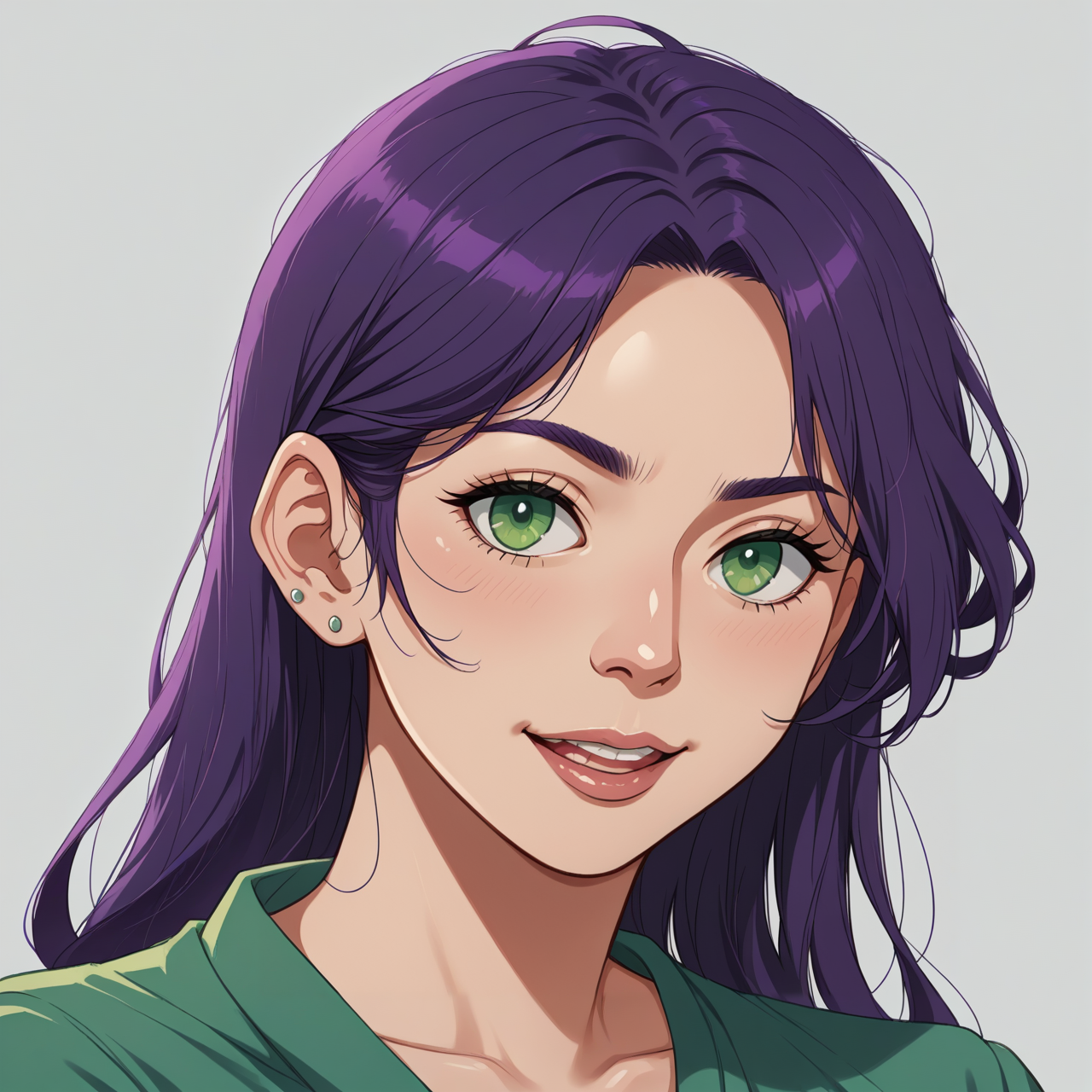 score_7, score_5, kawaii,   woman with purple_hair and green_eyes,