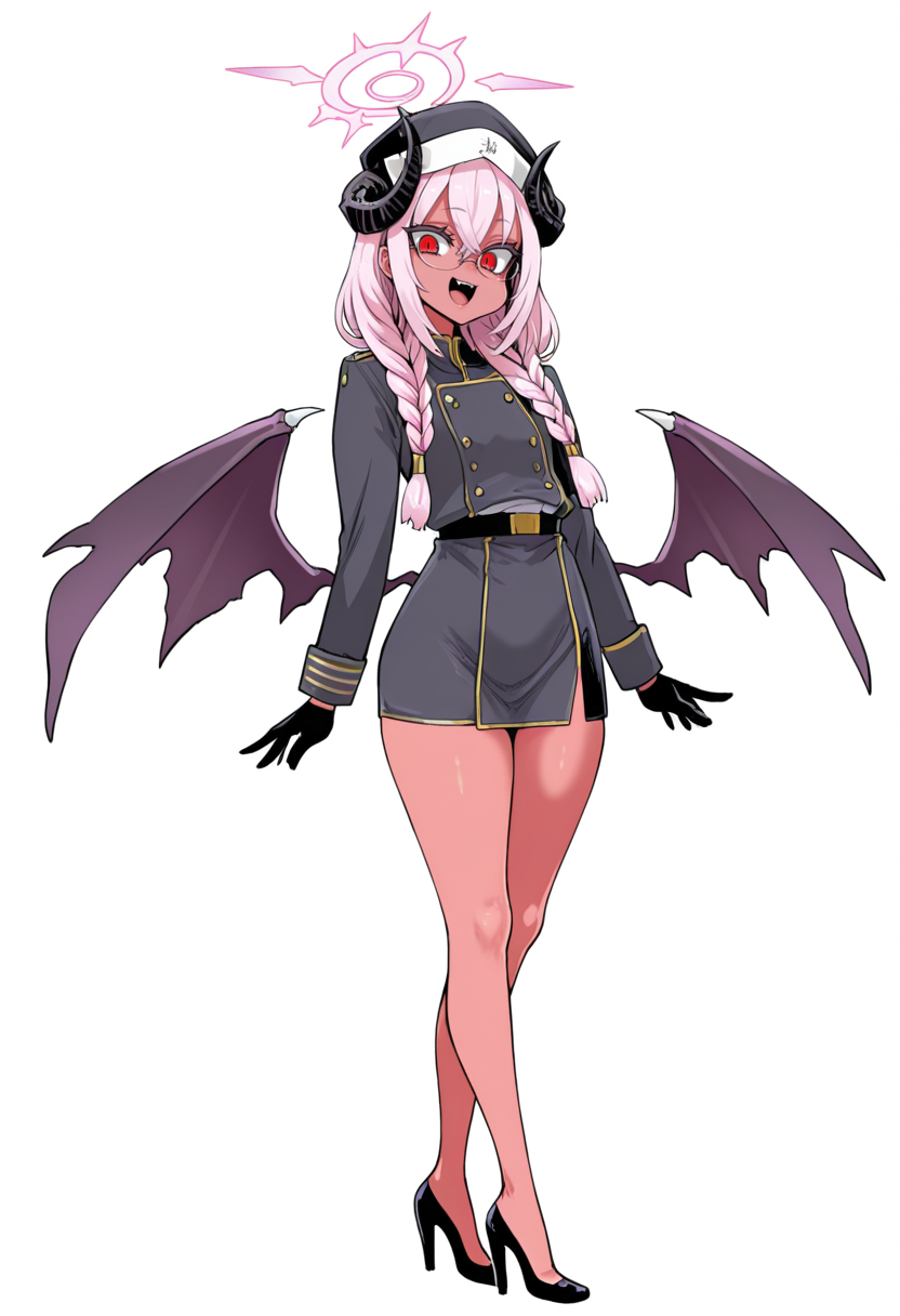 masterpiece, best quality,
 <lora:Asanagi:1> S4s4k1Nsfw, 1girl, solo, horns, gloves, wings, high heels, braid, hat, pink hair, glasses, white background, black gloves, red eyes, simple background, looking at viewer, low wings, long sleeves, smile, long hair, dark-skinned female, shirt, dark skin, full body, standing, demon girl, bangs, open mouth, hair between eyes, demon horns, :d
