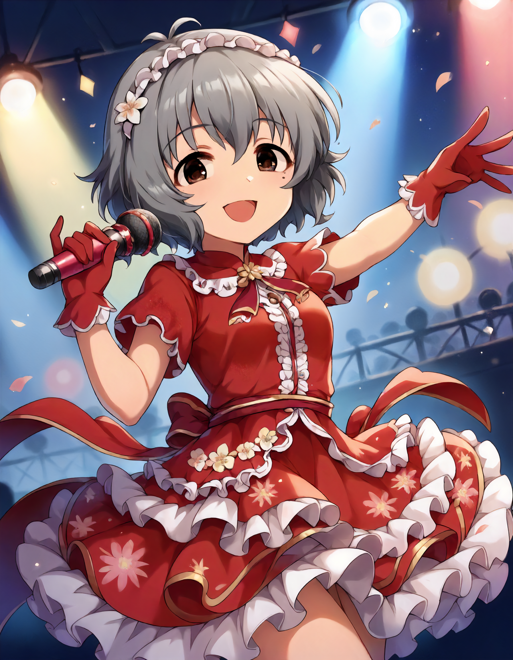 score_9,score_8_up,score_7_up,1girl,solo,cowboy shot,looking at viewer,smile,open mouth,holding microphone,stage lights,
<lora:narumiyayume_ponyXLV6:0.8>,cgnym,
grey hair,short hair,brown eyes,mole under eyes,small breasts,
red dress,short sleeves,frills,floral print, red gloves,