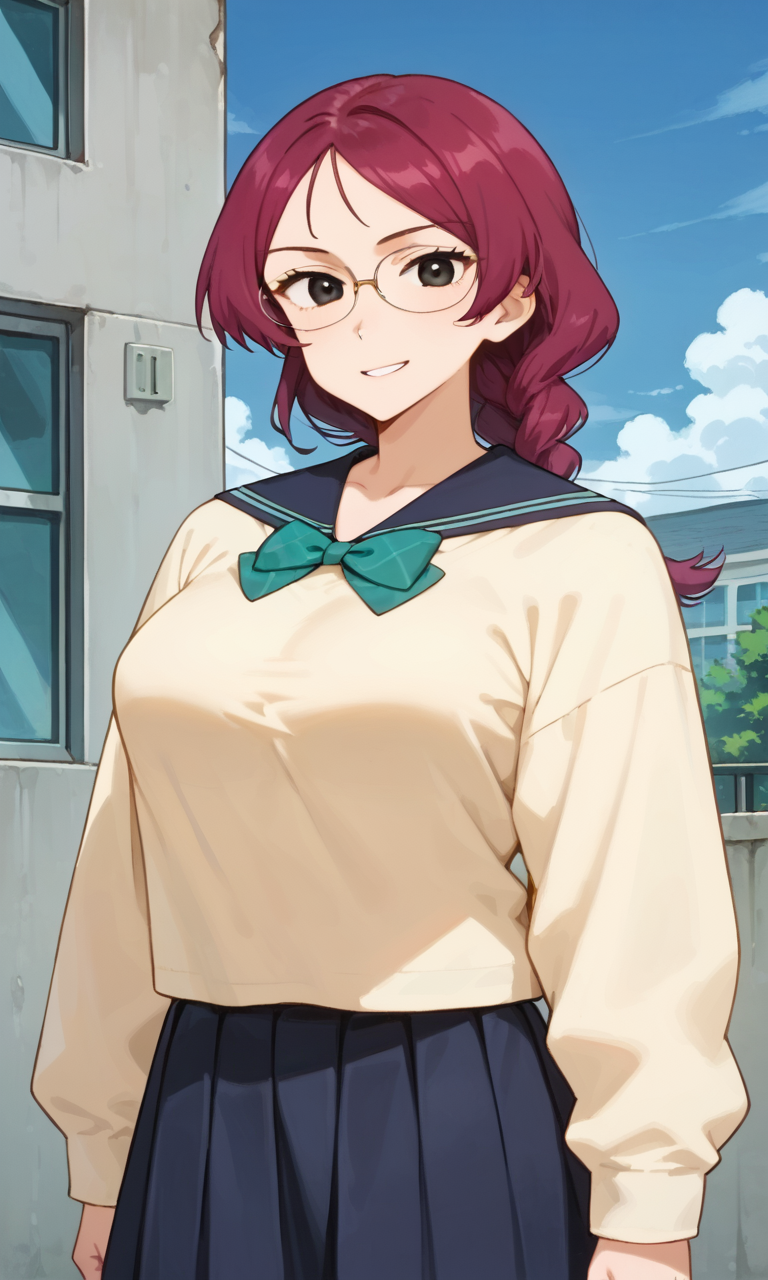 (1girl:1.5), (solo:1.3), (score_9, score_8_up, score_7_up, score_6_up, score_5_up, score_4_up), (source_anime), rating_questionable, looking at viewer, (upper body:1.3), outdoors,smirk, blue sky, 
 (untucked:1.5), (yellow sweater, oversized clothes, long sleeves, blue sailor collar, green bowtie, blue skirt, pleated skirt, miniskirt, white socks, black footwear), (large breasts), <lora:kannazuki-sheila-school_v2-16:0.8> (kannazuki-sheila), (oval glasses, black eyes, eyelashes, magenta hair, long hair, single braids, parted bangs), (wide bob bangs, flipped hair, parody hair:1.4),