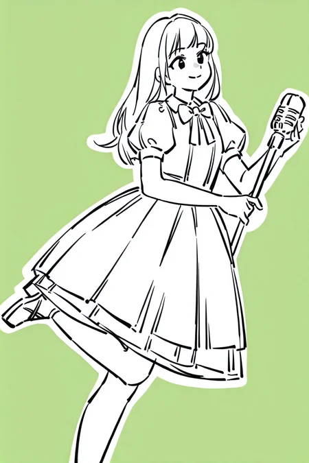<lora:Sktchst_IL:1> sktchst, solo, long hair, smile, 1girl, green background, outline, short sleeves, bow, monochrome, microphone, skirt, puffy sleeves, holding, simple background, white outline, dress, closed mouth, standing on one leg, bangs, puffy short sleeves