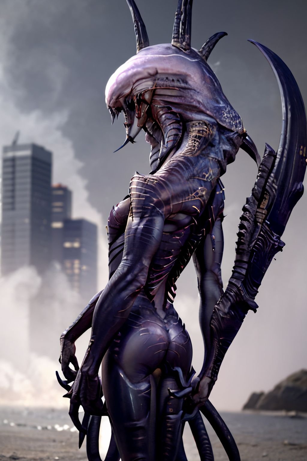 EdobWraithMonsterEvolve, sharp teeth, claws, tentacles, monster, scythe, alien, demon, horror (theme), blade, view from back, city street background (realistic:1.5), <lora:EdobWraithMonsterEvolve_v1.0:1>