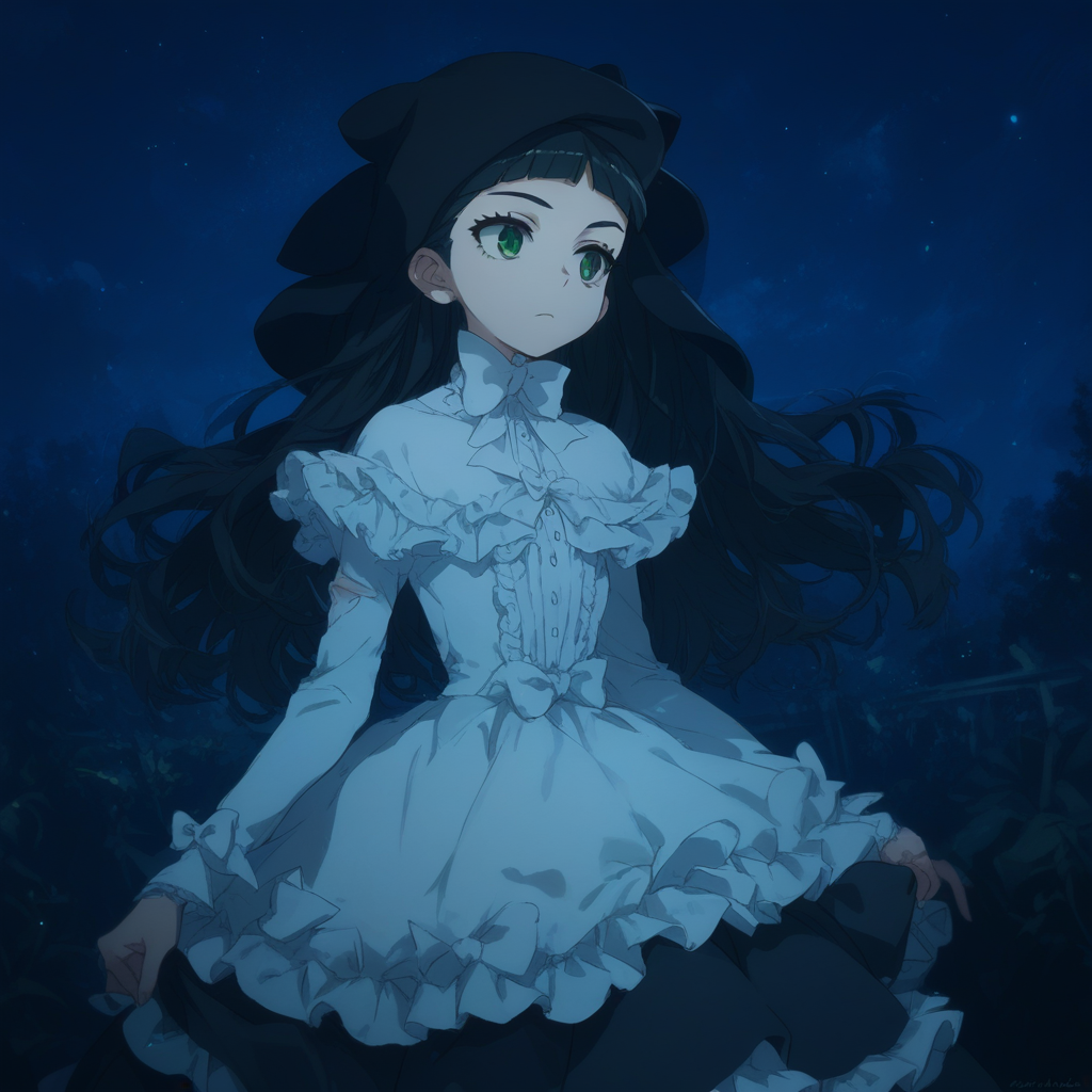 anime coloring, score_9, score_8_up, score_7_up, score_6_up, jane elves, toaru, 1girl, dark, green eyes, night, long hair, black hair, hat, bow, caplet, frilly dress