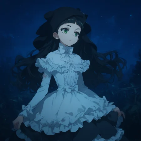 anime coloring, score_9, score_8_up, score_7_up, score_6_up, jane elves, toaru, 1girl, dark, green eyes, night, long hair, black hair, hat, bow, caplet, frilly dress
