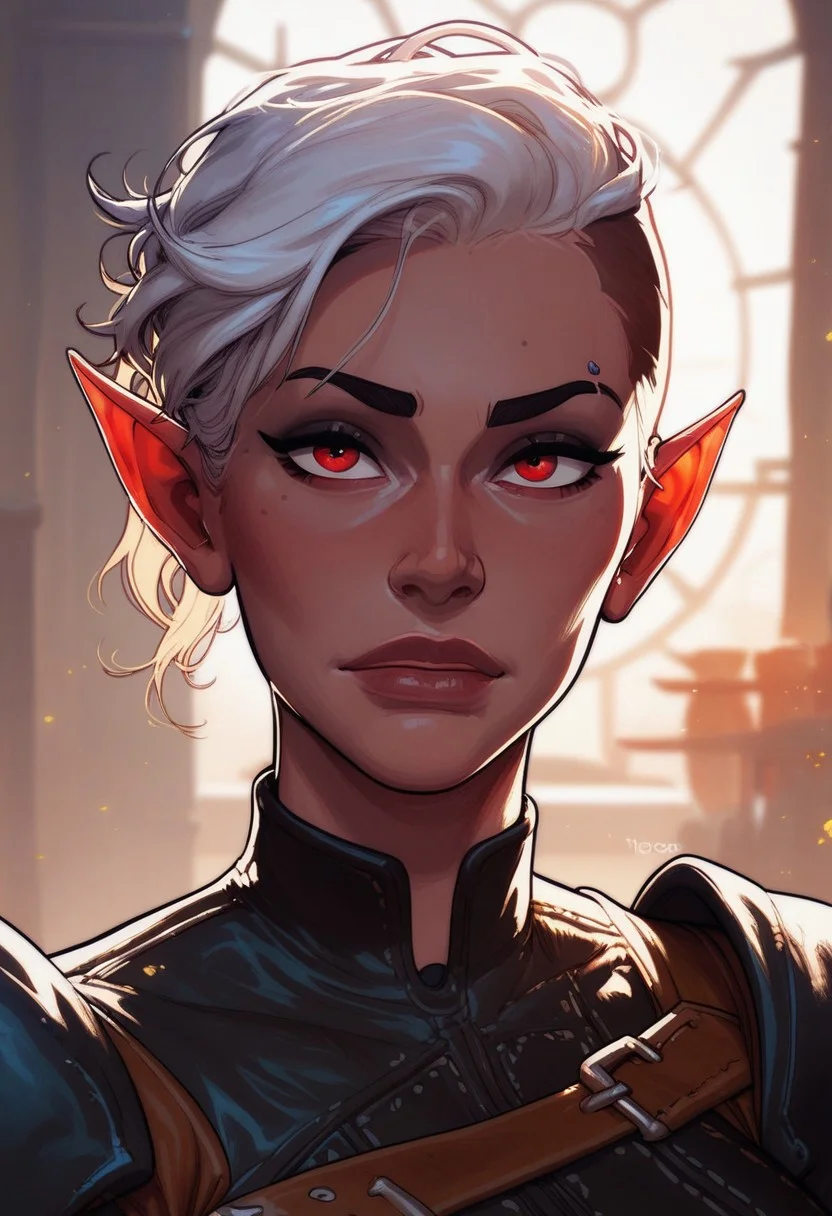 score_9, score_8_up, score_8, score_7_up, score_7, score_6_up, score_6, score_5_up, Score_5, MintharaBG3, colored skin, pointy ears, red eyes, undercut, long hair, white hair, MinUnd, leather, vox machine style, 1girl, female focus, solo, portrait, tavern interior background, fantasy, (dynamic lighting:1.1)
((masterpiece))