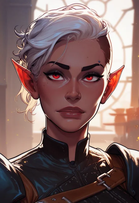 score_9, score_8_up, score_8, score_7_up, score_7, score_6_up, score_6, score_5_up, Score_5, MintharaBG3, colored skin, pointy ears, red eyes, undercut, long hair, white hair, MinUnd, leather, vox machine style, 1girl, female focus, solo, portrait, tavern interior background, fantasy, (dynamic lighting:1.1)
((masterpiece))