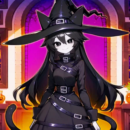 1girl, solo, (chlomaki, cat ears, long hair, black hair, black eyes, white skin, animal hat, belt, cat hat, witch hat, hat with ears, black dress, cat tail, arms at sides, smile), general, masterpiece, best quality, highres,  looking at viewer,   <lora:Cholmaki_-_Okegom_Illustrious:1> indoors, portrait,