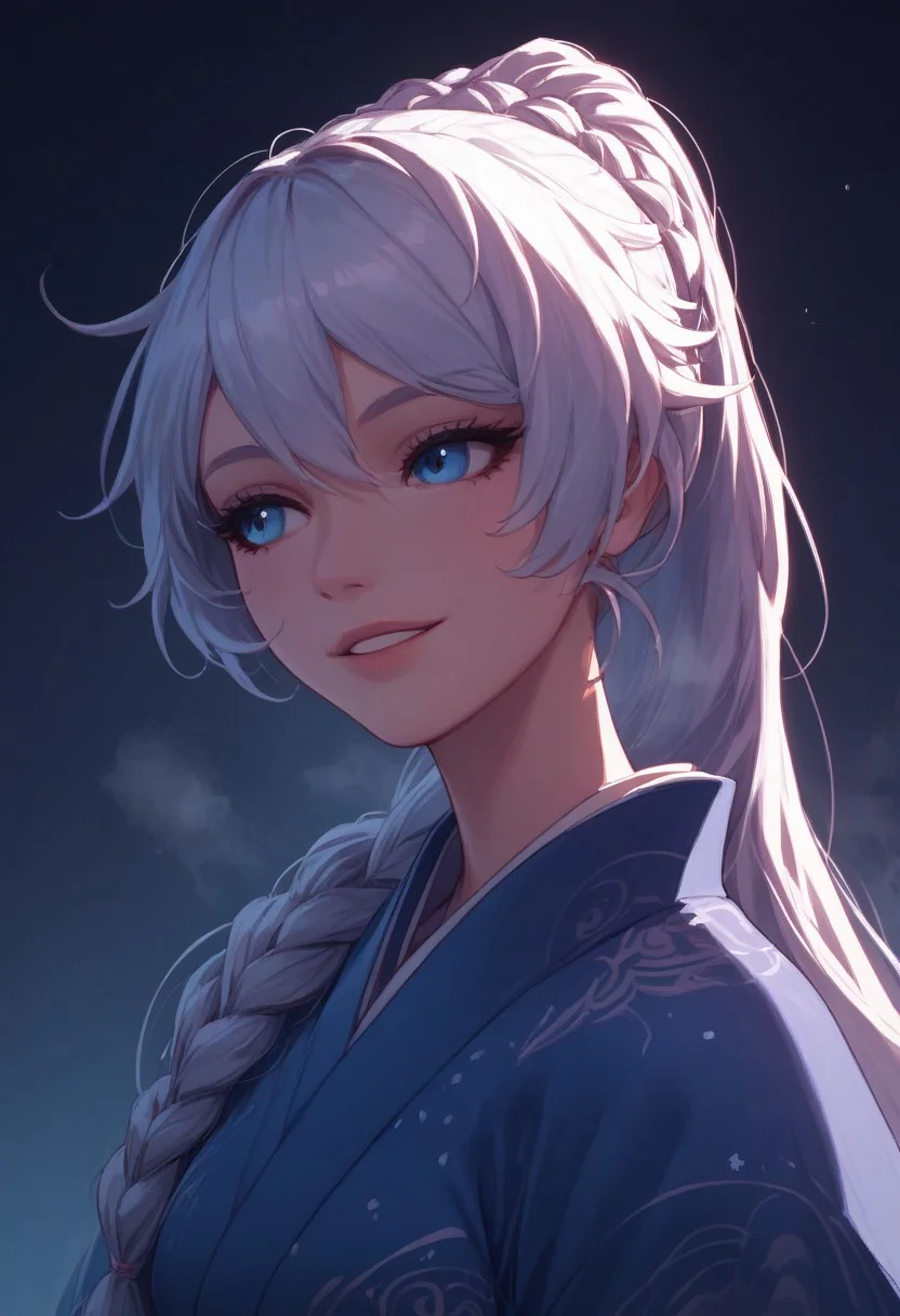score_9, score_8_up, score_7_up, score_6_up, female portrait, 1girl, solo, Kiana, long hair, smile, bangs, blue eyes, braid, white hair, ponytail, kimono, close up, waist up, posing, looking away, parted lips, steam, cold weather, foggy, night time, street, walking, dynamic angle, natural light,