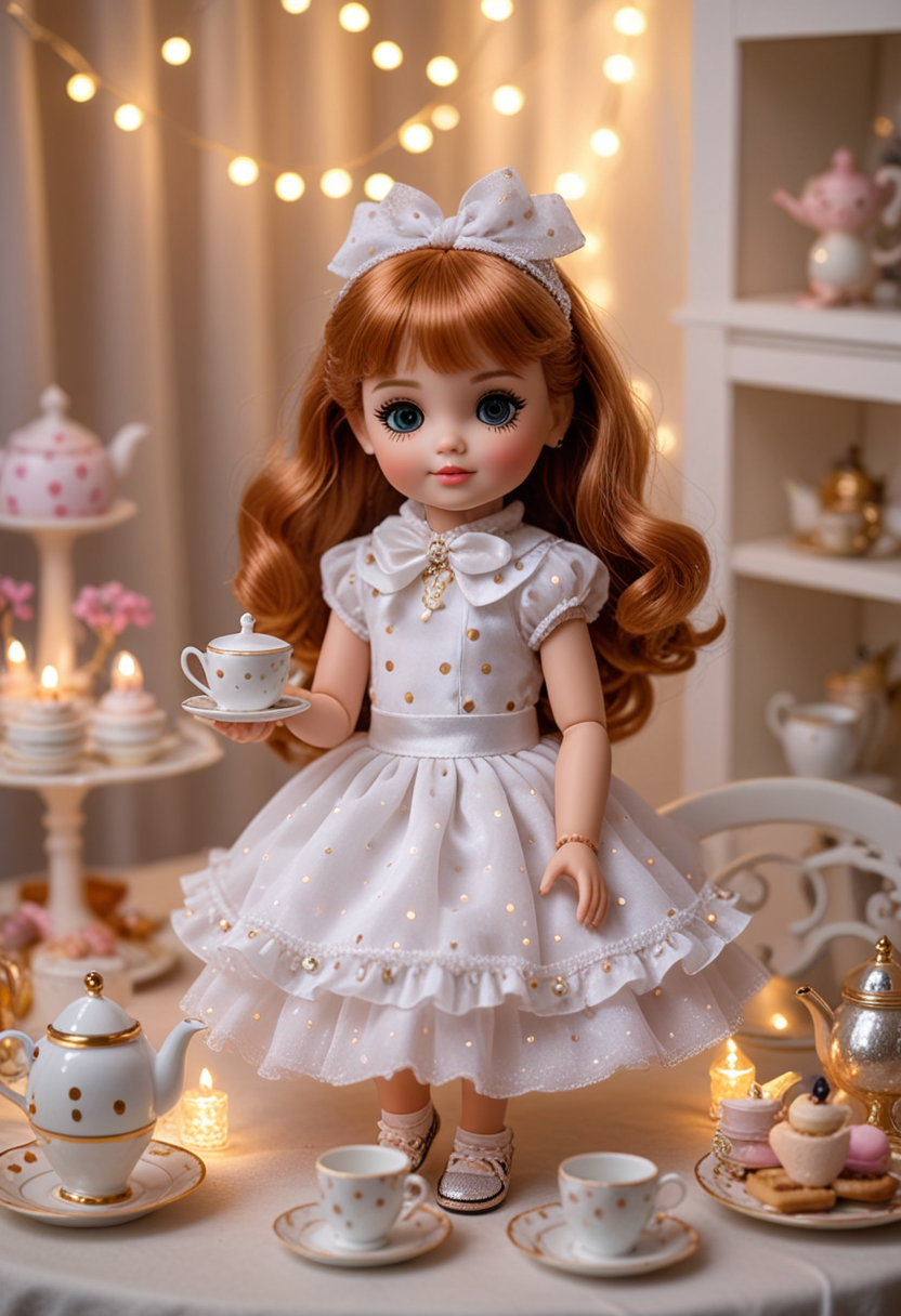 (medium full shot) of (delightful doll)  dressed in a white party dress, polka dot shoes, glitter eyeshadow, little scarf, having a tea party, located in  a whimsical party, featuring fairy lights, enchanting music, magical games, excited dolls, in the morning, Masterpiece,best quality, photo, realistic, very aesthetic,