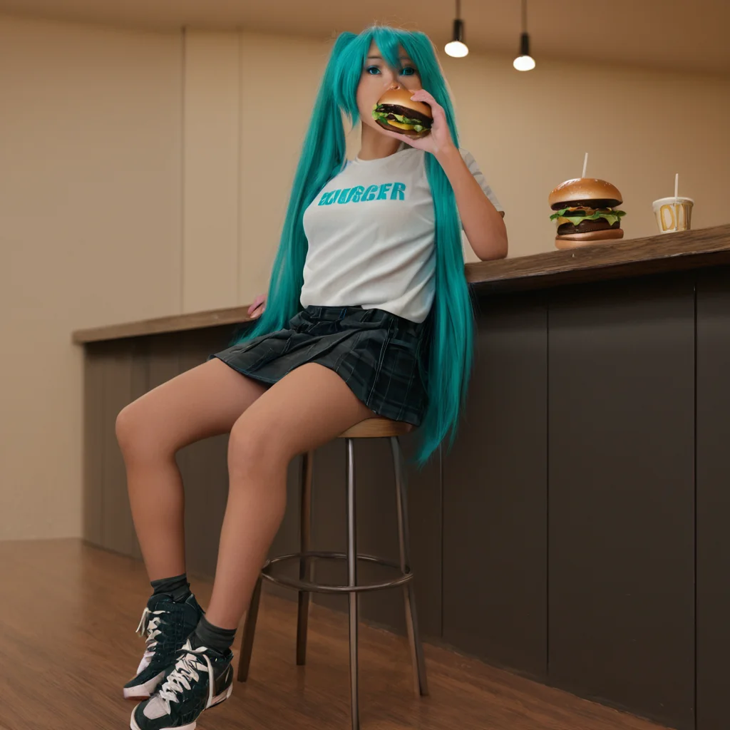 masterpiece, best quality, amazing quality, very aesthetic, high resolution, ultra-detailed, absurdres, scenery, photorealistic, Prompt, BREAK, depth of field, photorealistic details, volumetric lighting,source_photo,<lora:ReallustriousCaptionedv1:1.0>, indoors,club,1girl,solo,hatsune miku,t-shirt,skirt,knee socks,sneakers,sitting,bar stool,eating burger