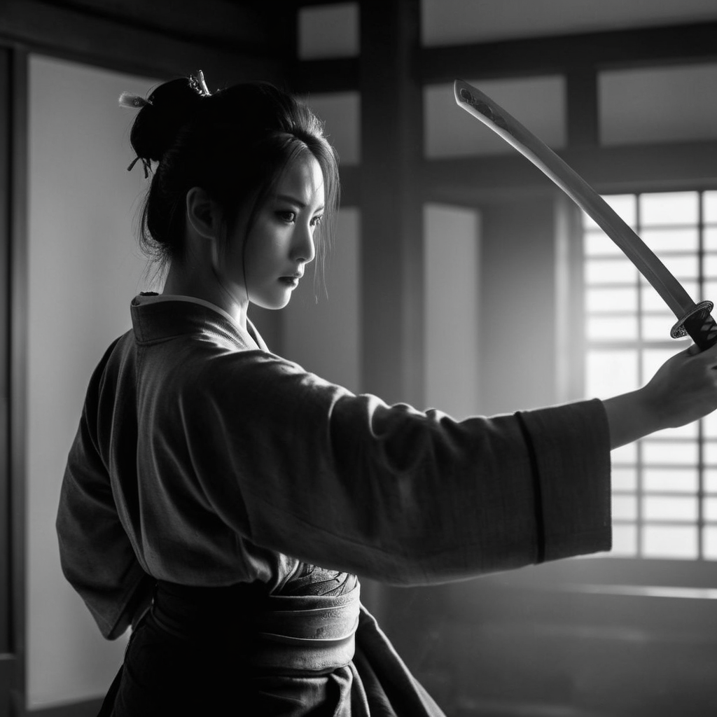 cinematic film still of  <lora:female samurai style v2:1>
medium shot, black and white photo, an epic cinematic photo of a woman in a black grey kimono drawing a Katana sword out of a scabbard saya, while staring with a dreadful look to the camera, in a dark room, with dramatic light on, female samurai style, shallow depth of field, vignette, highly detailed, high budget, bokeh, cinemascope, moody, epic, gorgeous, film grain, grainy